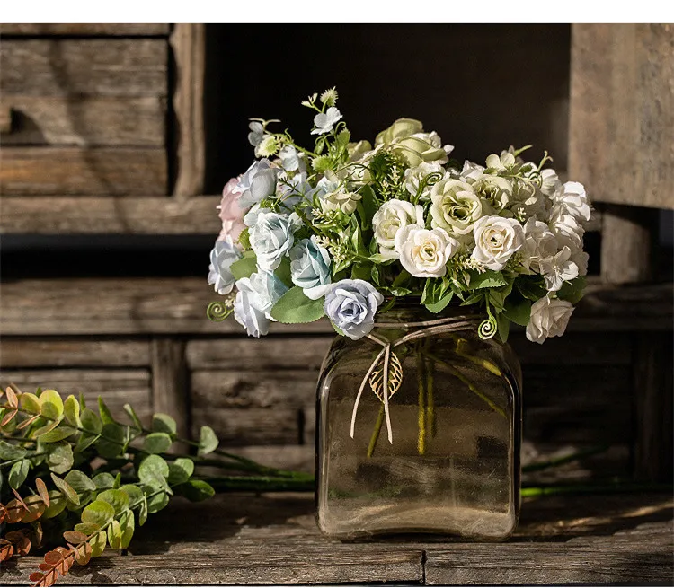 Nordic 10 Simulation Small Roses Artificial Bouquet Indoor Hotel Decoration Placed High Quality Plastic Silk Flower QW42 (9)
