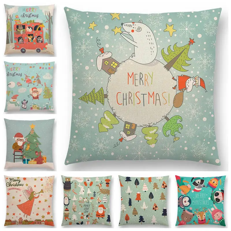 

Merry Christmas Happy New Year Santa Claus Cute Bear Elk Owl Penguin Snowman Tree Gift Cushion Cover Decorative Pillow Case