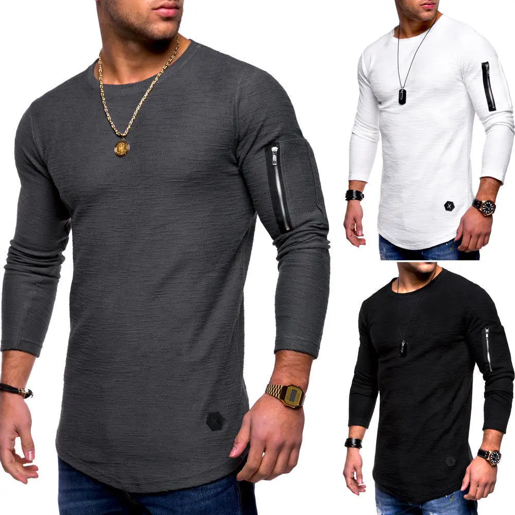 

2021 Men's T-Shirts Slim Fit O-Neck Long Sleeve Muscle Solid Casual Tops Shirts with Zipper Spring Autumn Tee Plus Size Clothing