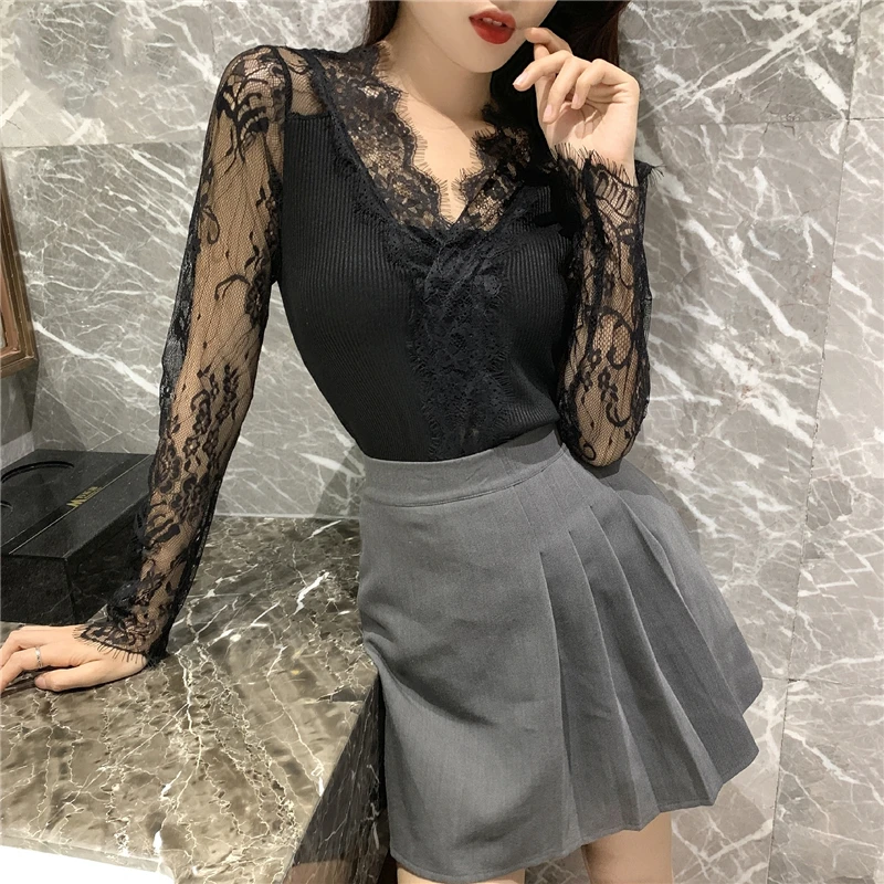 

Autumn and winter New fashion women's knitwear Lace v-neck sweater female slim fit tight long-sleeved thick knit Tops G838