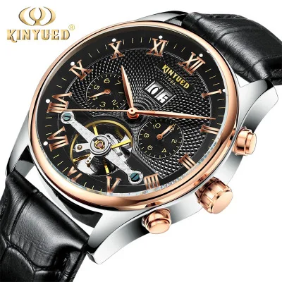 KINYUED esqueleto automatico reloj hombres sol Luna fase непроницаемый hombres Tourbillon relojes mecarnicos marca превосходный relojes - Цвет: Черный