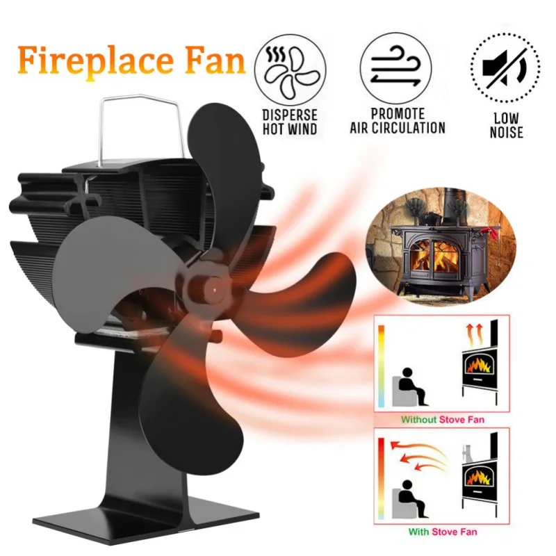 

Household Black Fireplace 4 Blade Heat Powered Stove Fan Log Wood Burner Eco Friendly Quiet Fan Home Efficient Heat Distribution