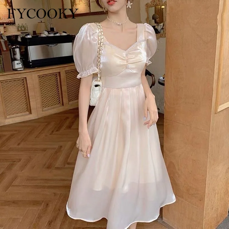 

2022 Summer New Dress Women French Sweet Fairy Streamer Chiffon Dress Ladies Korean Elegant Puff Sleeve Long Dresses