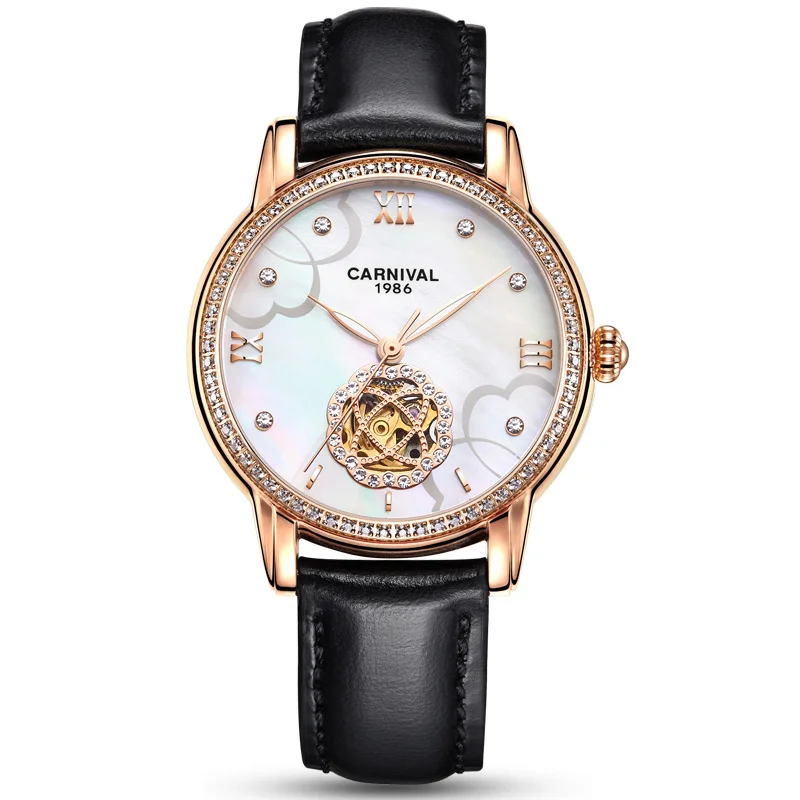 F Карнавальная Мода женские Tourbillon механические часы люксовый бренд кожаный ремешок светящиеся водонепроницаемые женские часы Автоматические - Цвет: F