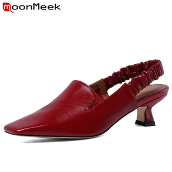 

MoonMeek 2020 hot sale top quality vintage genuine leather shoes women pumps square toe slingback summer party shoes ladies