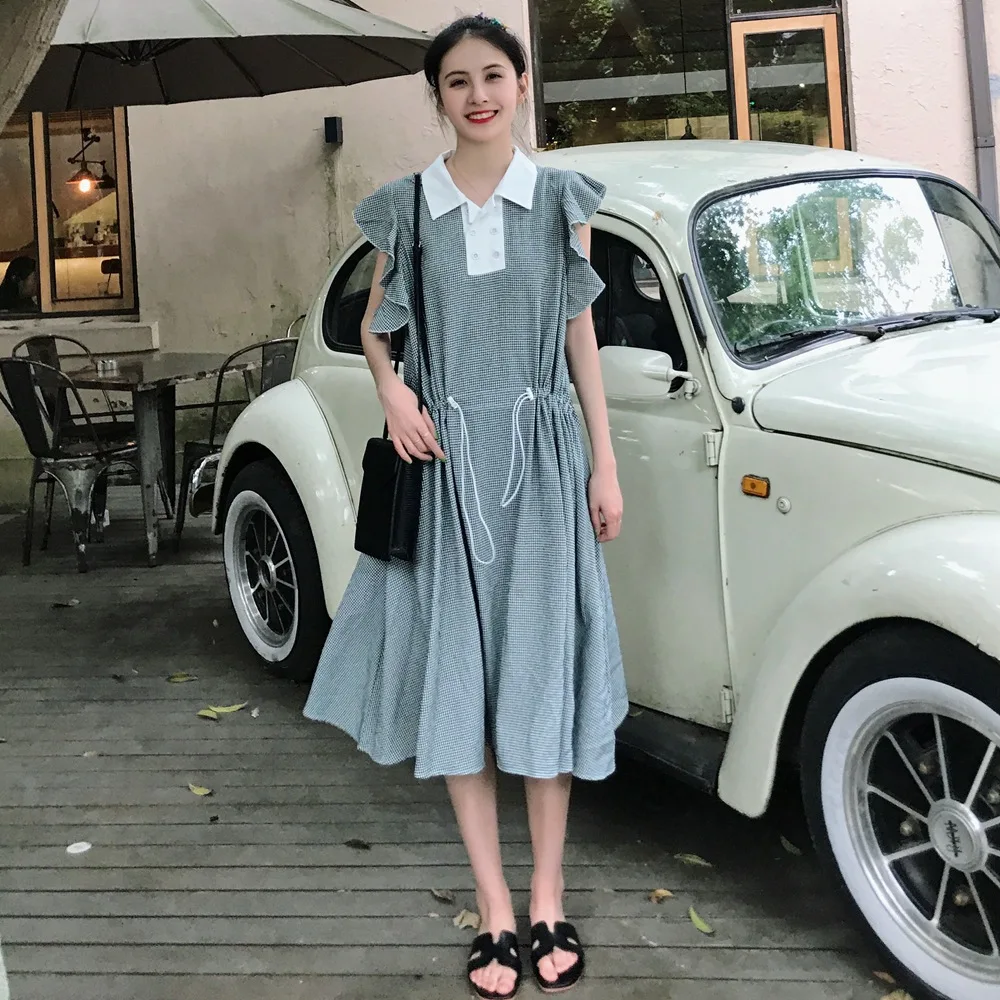 

Photo Shoot 2019 Summer New Style Korean-style WOMEN'S Wear Hipster CHIC-Style Drawstring Waist Hugging Petal Sleeve Plaid Dress
