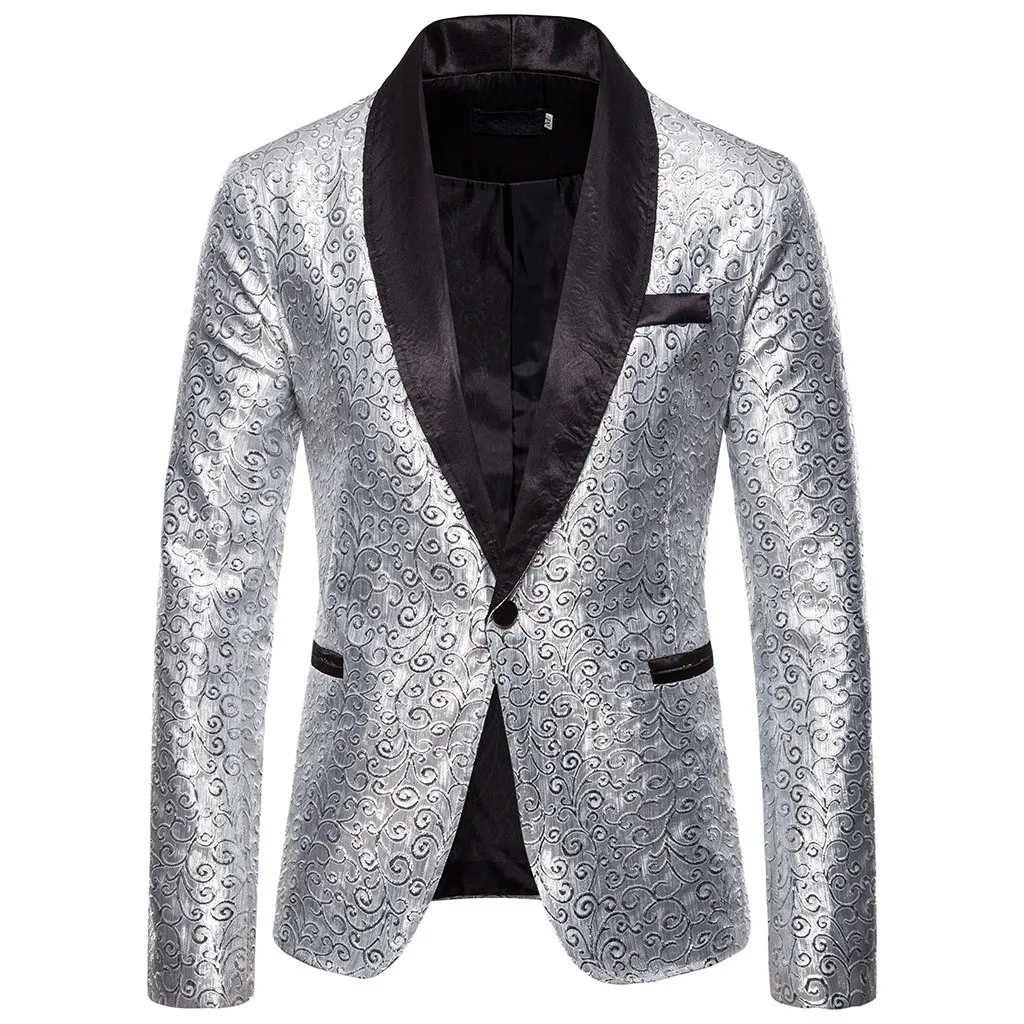 Роскошный мужской свадебный блейзер с золотым принтом, приталенный мужской пиджак, вечерние мужские блейзеры и куртки, bleizer masculino - Цвет: Серебристый