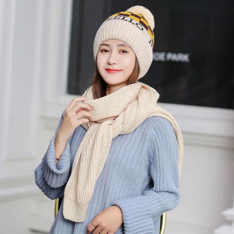 beige set Комплект из 2 предметов, женские зимние шапки, шарф, хлопок, плюс бархат, шапочки, шапки для девочек, шапка и шарф, набор, помпоны, шапки, вязанный длинный шарф - Цвет: beige set