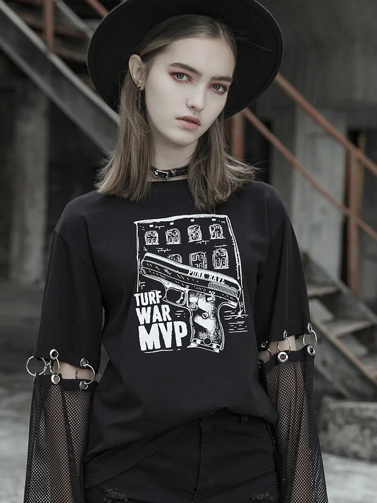 Панк RAVE Girl's Gothic Printed свободная черная футболка со съемными рукавами Harajuku женская футболка Забавные футболки уличная одежда