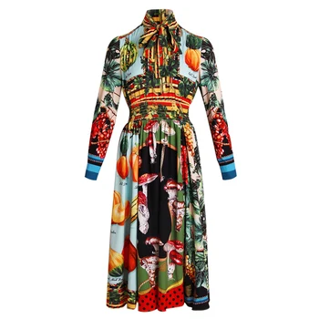

Abaroker Fashion Fruit and Vegetable Printed Women's Dress Elastic Waist Bowknot Holiday Temperament Mid-Length Dress