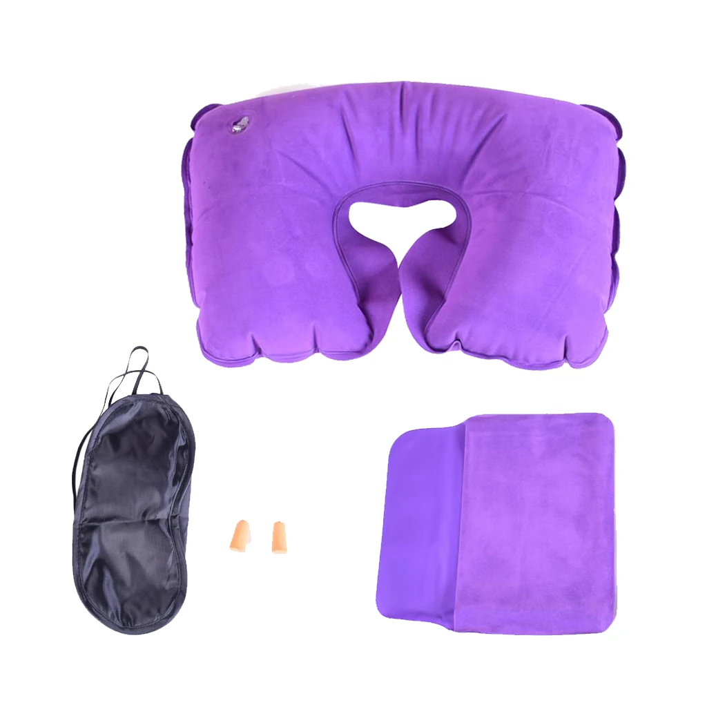 U Shaped Inflatable Travel Pillow Neck Support Cushion for Long Haul Flights/Car Restful Sleep/Office Nap, with Ear Plug & Mask