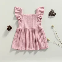 Baby Girls Casual Princess Knitted Dress, Solid Color Square Collar Fly Sleeve Thick Ribbed Gown, Pink/ Beige/ Khaki 0-24M 3