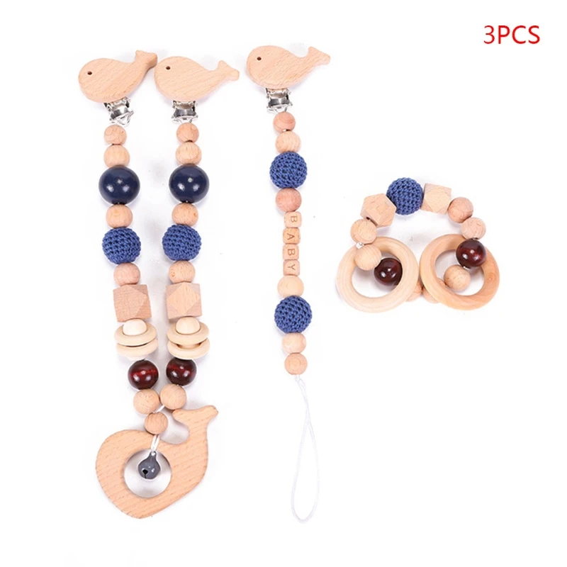 

3 Pcs/Set Baby Pram Pendant Rattle Pacifier Chain Clip Bracelet Infants Shower Gifts Wooden Teether Nursing Chewing Toys