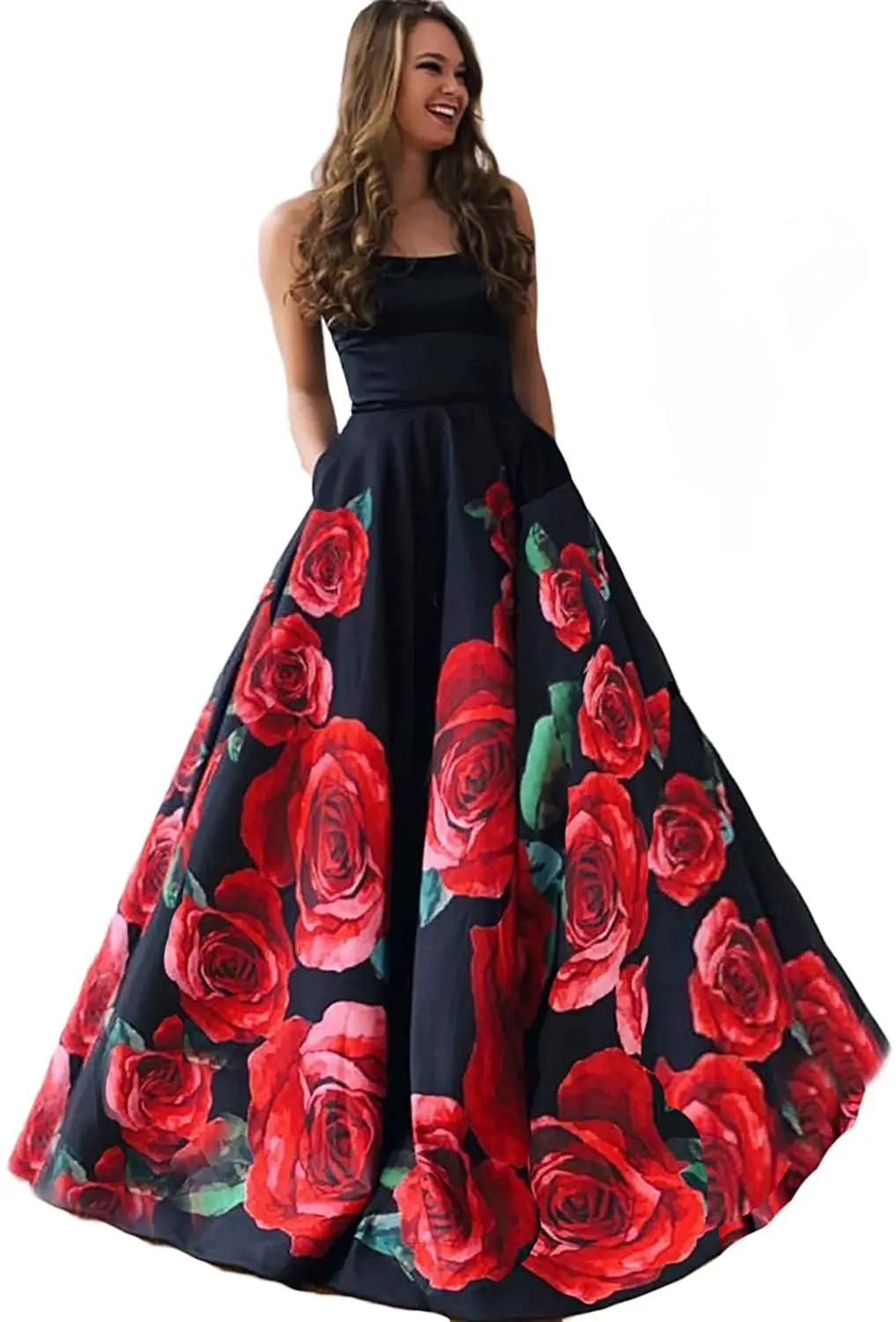 Long Satin Floral Rose Printed Prom 