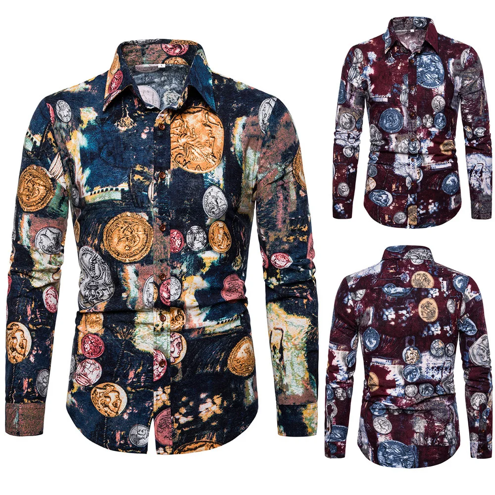 

Autumn Men'S Wear Cotton Linen Shirt Square Collar Slim Fit Fashion Ouma Leaf Printed Youth MEN'S Long-sleeved Shirt