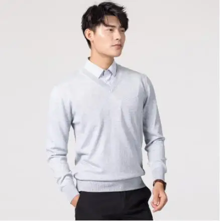 gray v-neck Кашемировый хлопковый мужской свитер осень-зима, трикотажное платье-свитер hombre pull homme hiver, мужской пуловер с круглым вырезом, вязаные свитера - Цвет: gray v-neck