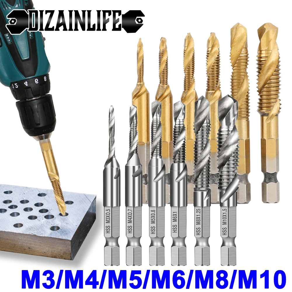 6/7 PCS M3 M4 M5 M6 M8 M10 Hex Shank Titanium Plated HSS Screw Thread Metric Tap Drill Bits Screw Machine Compound tap Hand Tool