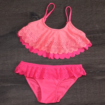 

Cute Girl Swimsuits Ruffle Bikini Kids Swimwear Baby Split 2020 Summer New Big Children's Solid Color Cute Quick-drying Girls