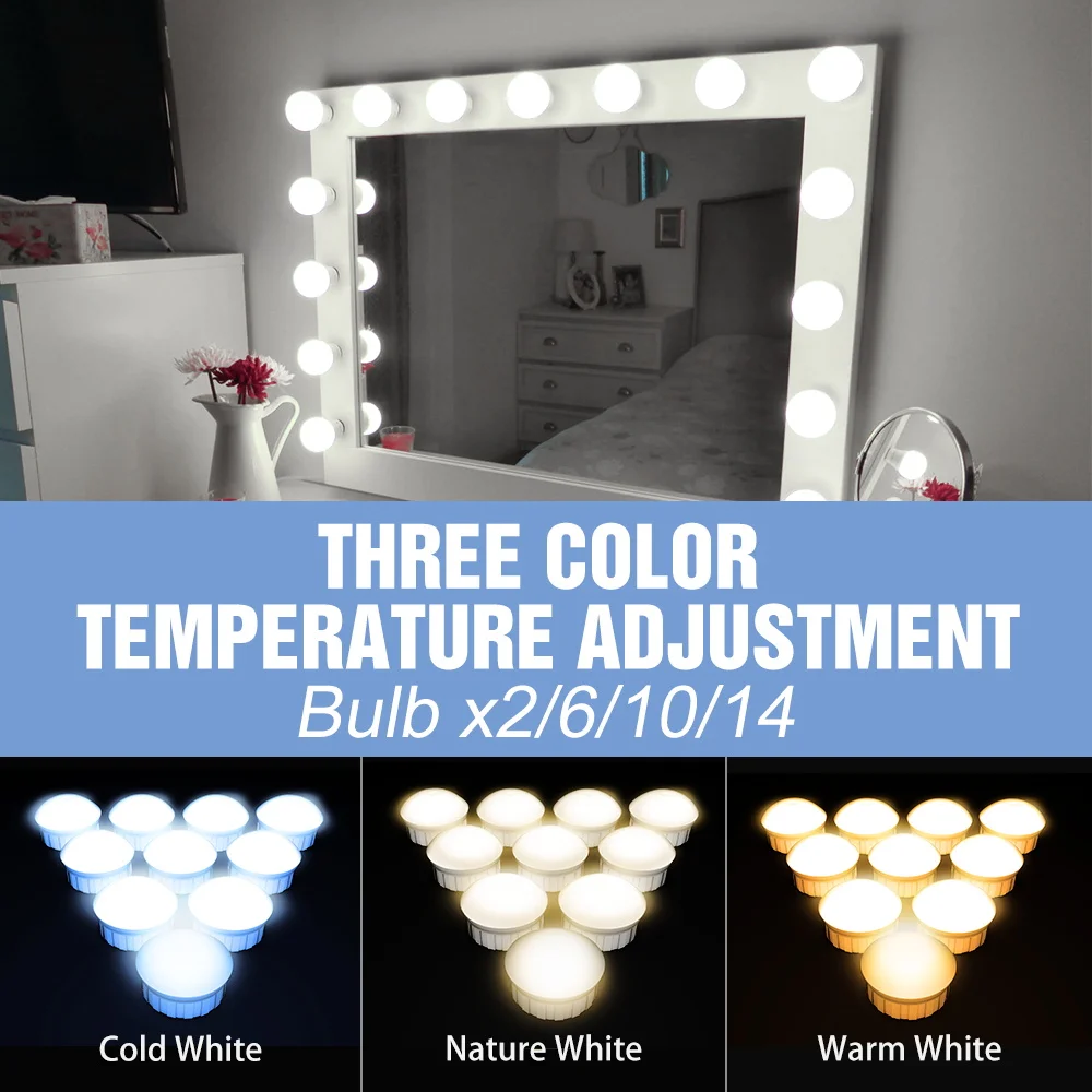 

USB 12V Hollywood Vanity Mirror Bulbs Kit Led Makeup Light 3 Colors Dimmable Bathroom Cosmetic Mirror Wall Lamp Cosmetic Bulb