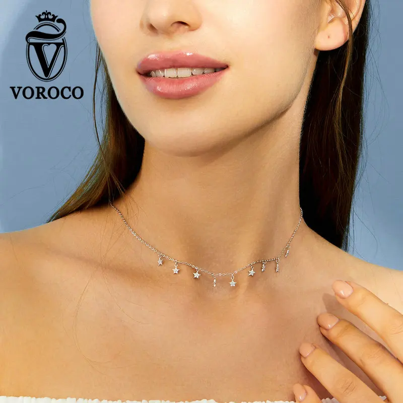 VOROCO, 925 пробы, серебряная короткая цепочка, ожерелья, звезды, межзвездные, колье, ожерелья для женщин, свадебное, хорошее ювелирное изделие, BNN116