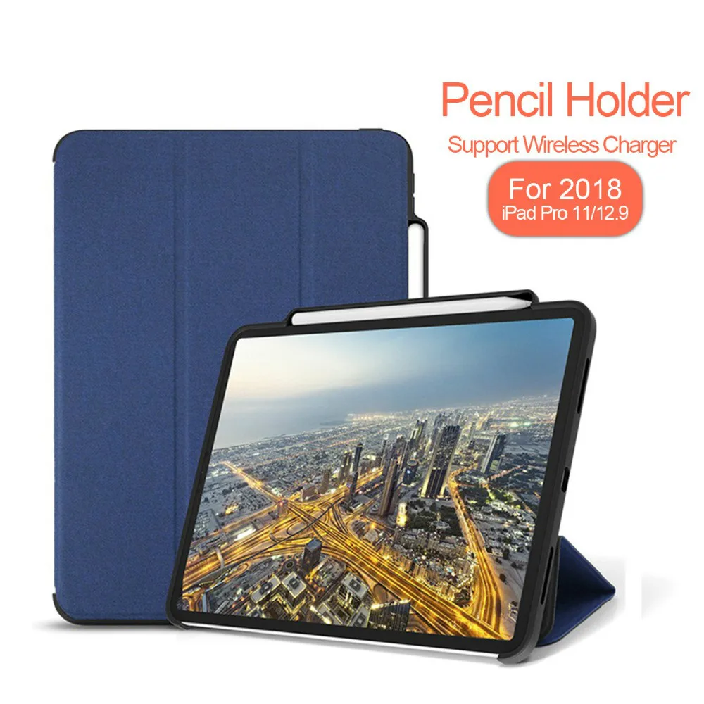 

For iPad Pro 11 Case Pencil Holder Twill PU Tri-Fold Smart Flip Cases For iPad Pro 11 2018 Cover Funda Coque A2013 A1934 A1980