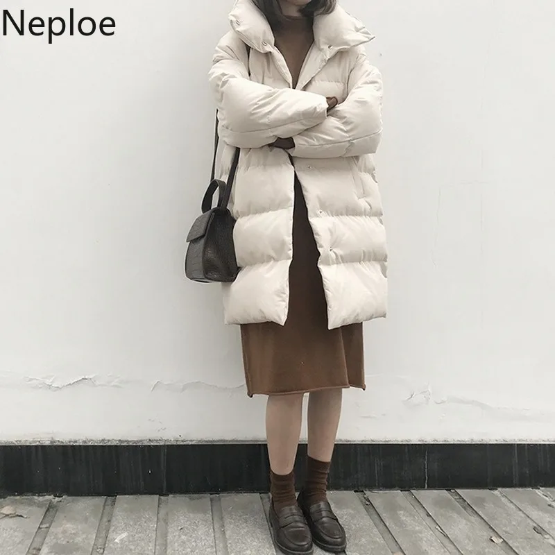 Neploe/винтажное простое зимнее хлопковое пальто для женщин, стоячий воротник, макси-парки, свободная повседневная плиссированная куртка с длинными рукавами Wild 46871