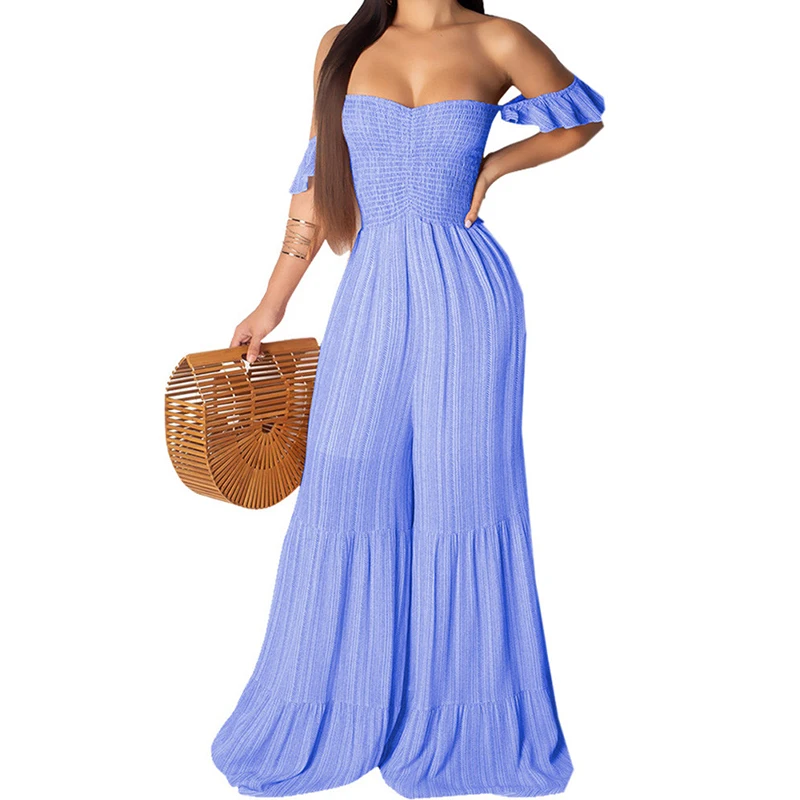 

Women Casual Off Shoulder Striped Chiffon Jumpsuits Strapless Ruffles Flare Romper Short Sleeve Backless Party Bodycon Overalls