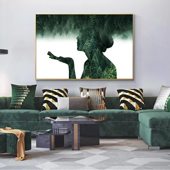 

Double Exposure Forest Woman oil Painting on Canvas Posters and Prints Scandinavian Wall Art Picture for living room Home Decor