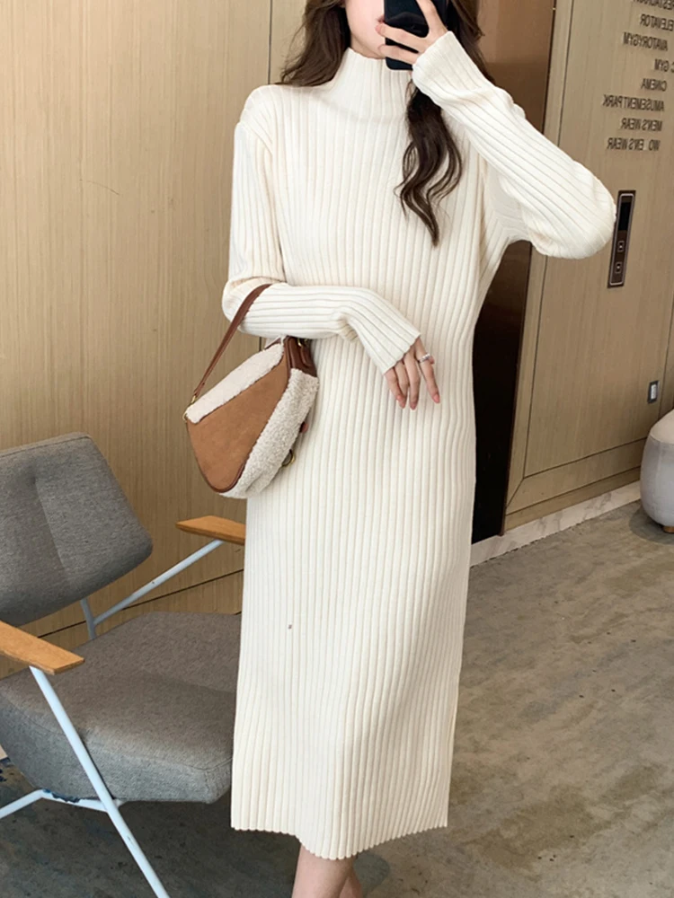 TIGENA Knitted Long Dress Women 2021 Autumn Winter Simple Solid Mock Neck Elegant Sleeve Sweater Female Black Green | Женская одежда