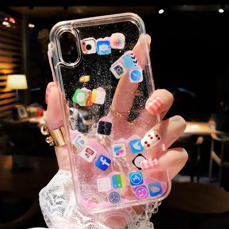 

For iPhone 8 Dynamic liquid Glitter Tempered glass Clear Shell For iPhone X 7 6s Plus Case Quicksand Cover Cute APP icon Case