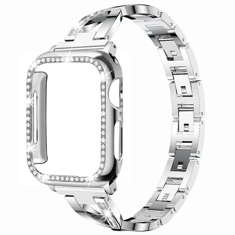 Ремешок+ чехол для apple watch 5 4 3 2 1 браслет из нержавеющей стали с кристаллами и бриллиантами 38 мм 40 мм 42 мм 44 мм iwatch металлический ремешок - Цвет ремешка: Silver