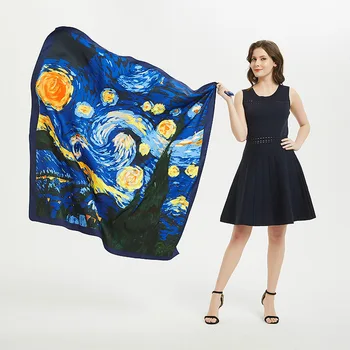 

130*130cm Hijab Scarf New Silky Satin Square Oil Painting Scarf Shawl Luxury Brand Spring Scarves Kerchief Female Head Scarfs