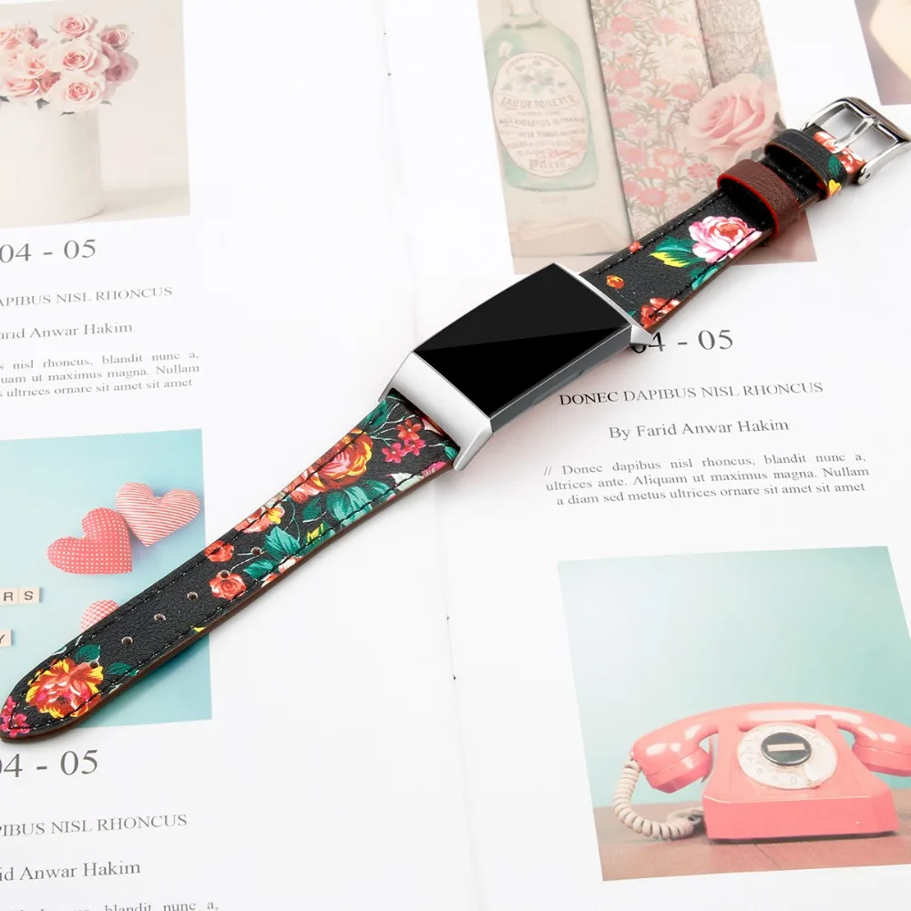 Leather band for Fitbit Charge 3/Charge 3 SE Floral Soft Leather Replacement Accessories Bands Wristband Flower Strap Women Men