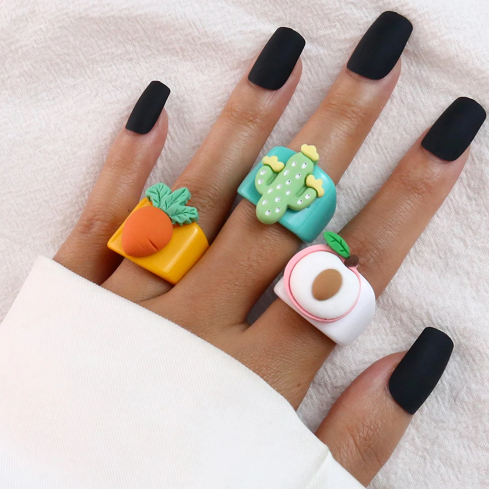 Cartoon Fruit Ring Women Fashion Korean Cute Animal Resin Acrylic Ring Set Christmas Birthday Party Gift Jewelry for Female Girl
