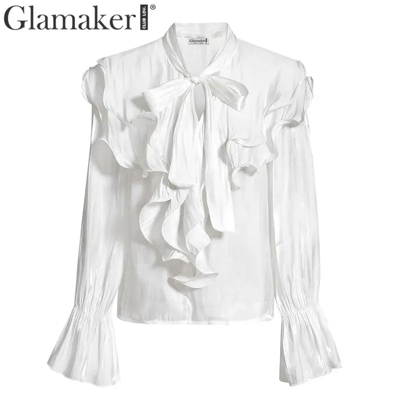 Glamaker, вечерние, с вырезом, с рюшами, белая блузка, для женщин, сексуальная, для ночного клуба, расклешенная, с длинным рукавом, блузка, для девушек, в винтажном стиле, с галстуком-бабочкой, женская блузка, рубашка