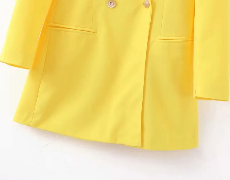 ROHOPO Woman Yellow Blazer Double Buttons Gradient Fly Solid Chi Notched Long Straight Outwear #2247 ROHOPO Woman Yellow Blazer Double Buttons Gradient Fly Solid Chi Notched Long Straight Outwear #2247