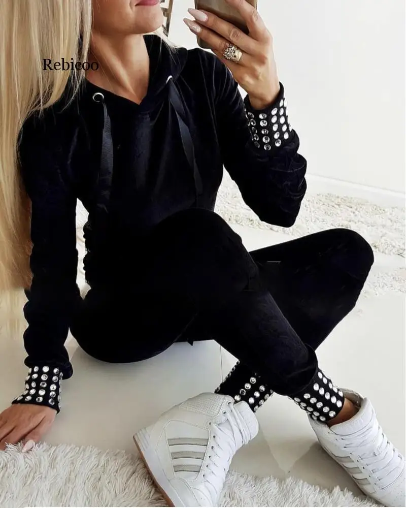 

Women Tracksuit Casual Long Sleeve Hoodies Diamond Decoration Fashion 2 Piece Sets Black Long Pants Tracksuit Sport Outfits