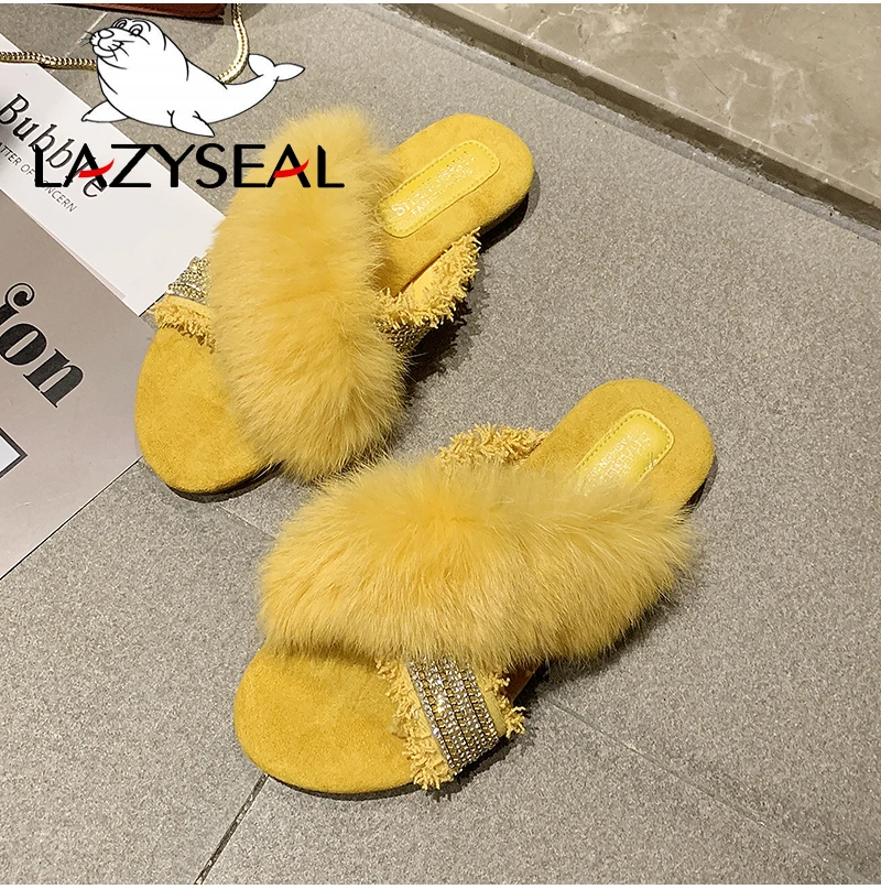 LazySeal натуральный тапочки их меха под кролика женская обувь, хлопковая ткань; женские сланцы на плоской подошве; обувь на высоком каблуке обувь в стиле шик Для женщин пушистые закрытые шлепанцы без задника с открытыми пальцами
