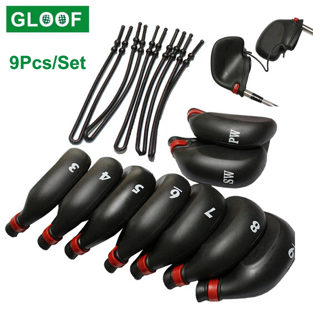 

9Pcs/Set Golf Iron Club Head Covers Protectors with String Black PVC Wedge Putter Headcovers