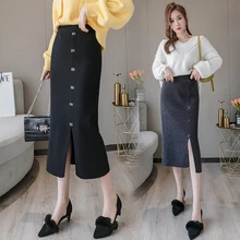 HAYBLST Brand Skirt Womens Autumn Casual Fashion Tight Korean Style Patchwork Package Buttocks Open Fork Rabbit Wool Skirts