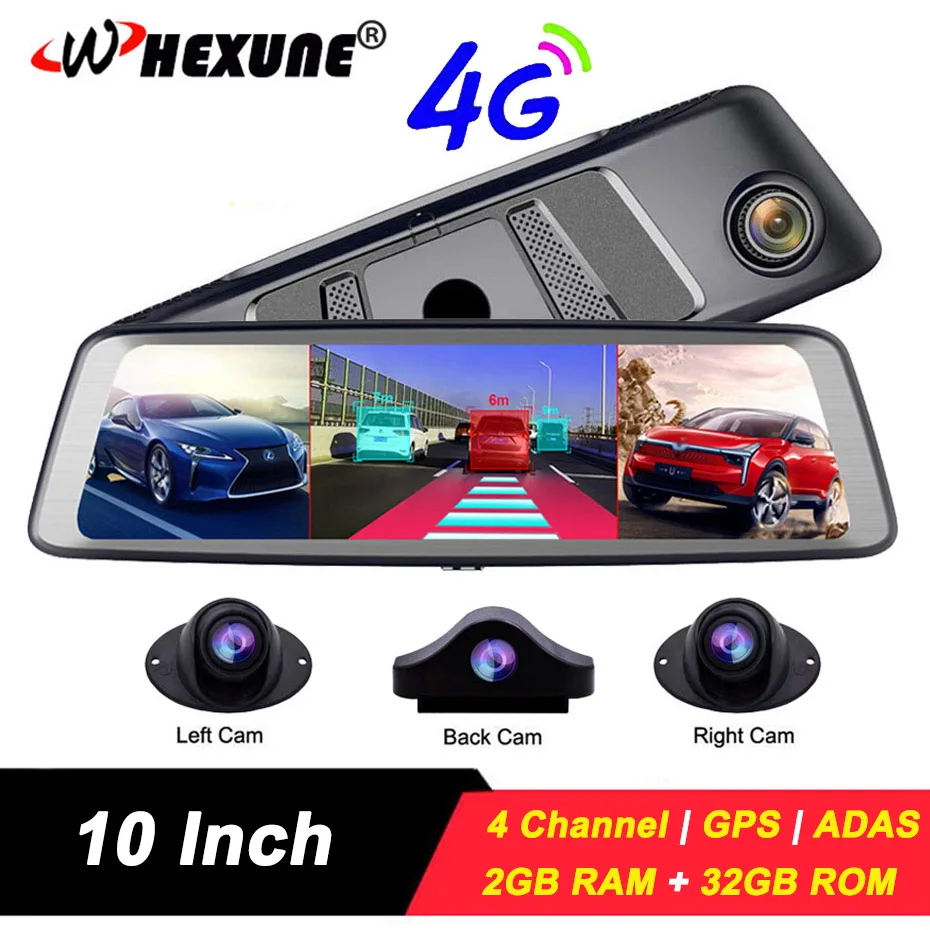 WHEXUNE 10\ 4G 4 Cameras Car Dash Cam ADAS Android Car DVR Video Recorder FHD 1080P Rearview mirror with GPS Navigation Dashcam