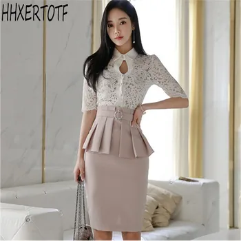 

2020 Spring Summer Korean Lace Shirt Top + Pleated Hip Skirt Two Piece Set