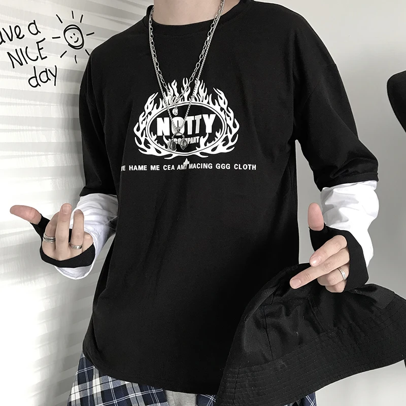 hip hop vintage Print brand Fake two Patchwork Men T shirt Long Sleeve rock Couple Clothes White Funny oversized streetwear 2019 hip hop vintage Print brand Fake two Patchwork Men T shirt Long Sleeve rock Couple Clothes White Funny oversized streetwear 2019