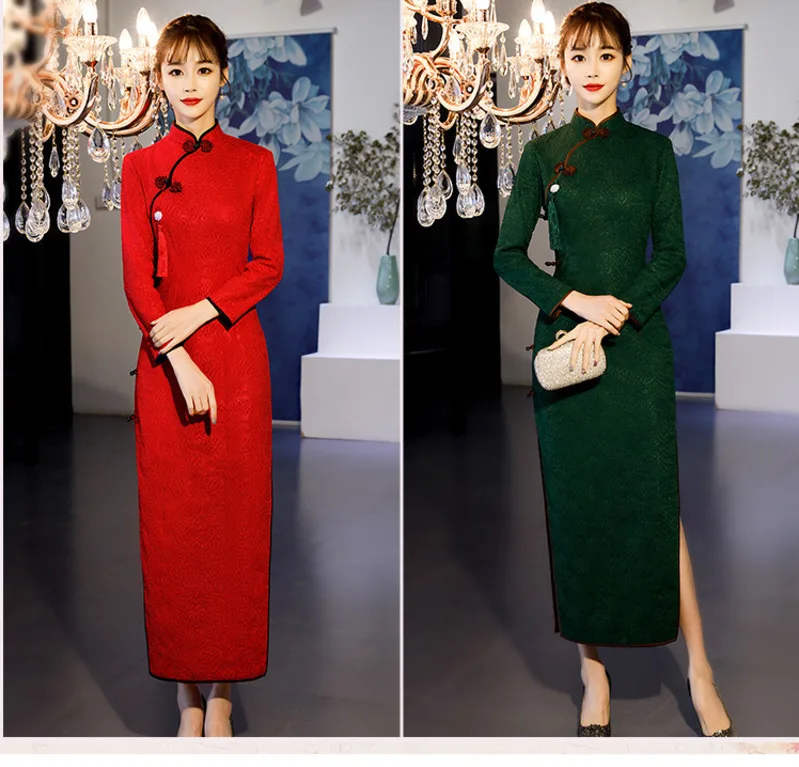Sheng Coco с длинным рукавом Кружева китайские платья Cheongsam свадебное платье традиционное вечернее платье женская Новогодняя одежда осень