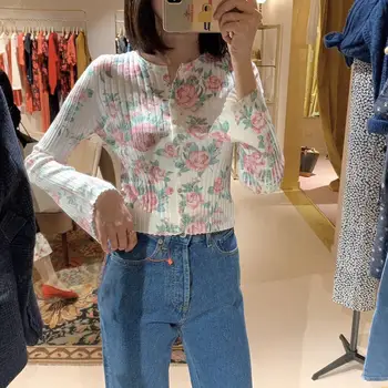 

Rose Print Women Knitted Thin Cardigan 2020 New Sweet Casual Short Sweater Outwear Top Long-sleeved Stripes Knitwear