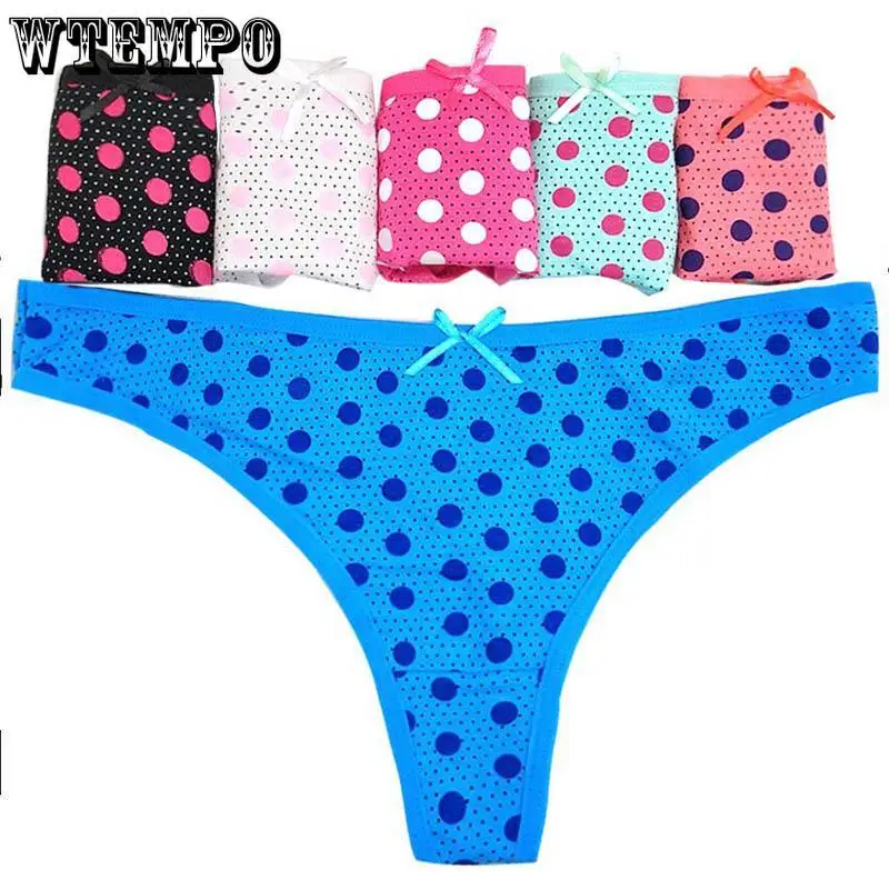 WTEMPO/6 шт./партия, сексуальные трусики-стринги, бесшовные трусики, женское нижнее белье из хлопка, нижнее белье, трусики, трусики Тонг для девушек, термобелье в горошек