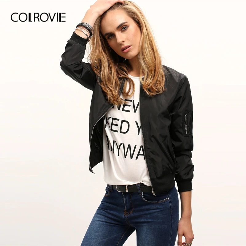 COLROVIE черный воротник-стойка на молнии укороченная куртка для женщин осень уличная мода бомбер куртки Женская однотонная верхняя одежда