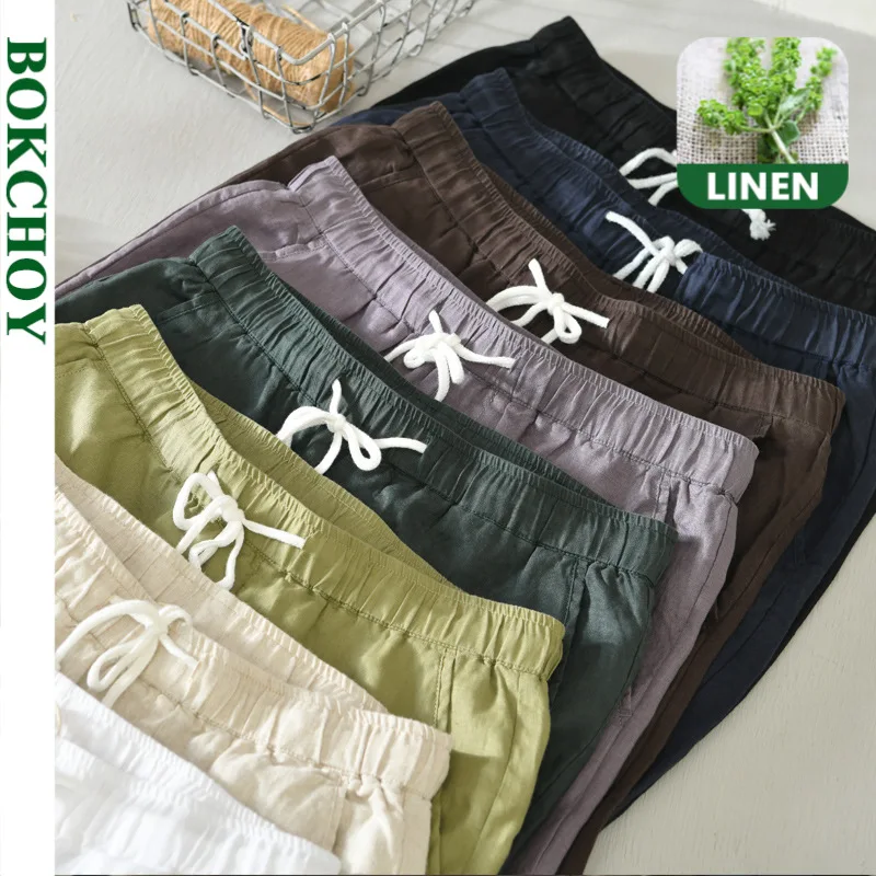 Pantalones de lino puro para hombre, ropa sencilla lisa con cordón, informal, transpirable, de cáñamo, para primavera y verano, 8104