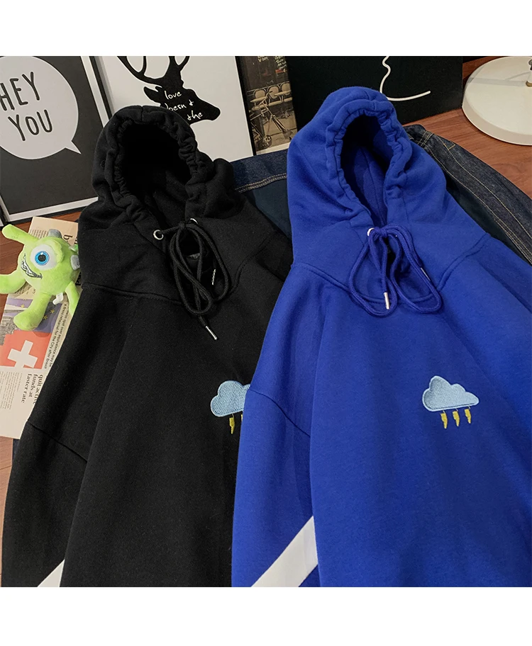 Plus Velvet Cotton Hoodies Men's Fashion Contrast Color Casual Hooded Sweatshirt Men Streetwear Loose Hip Hop Hoodie Mens