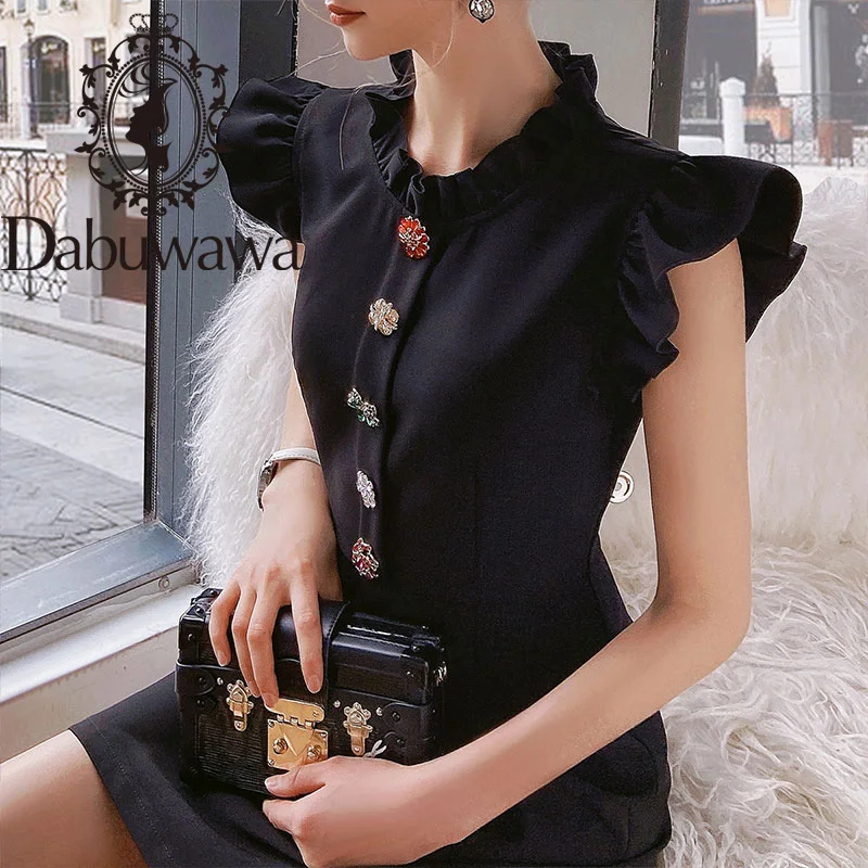 Dabuwawa Exclusive Vintage Black Summer Dress Women Sleeveless Single Breasted A-Line Ruffle Neck Elegant Dress Ladies DO1BDR003